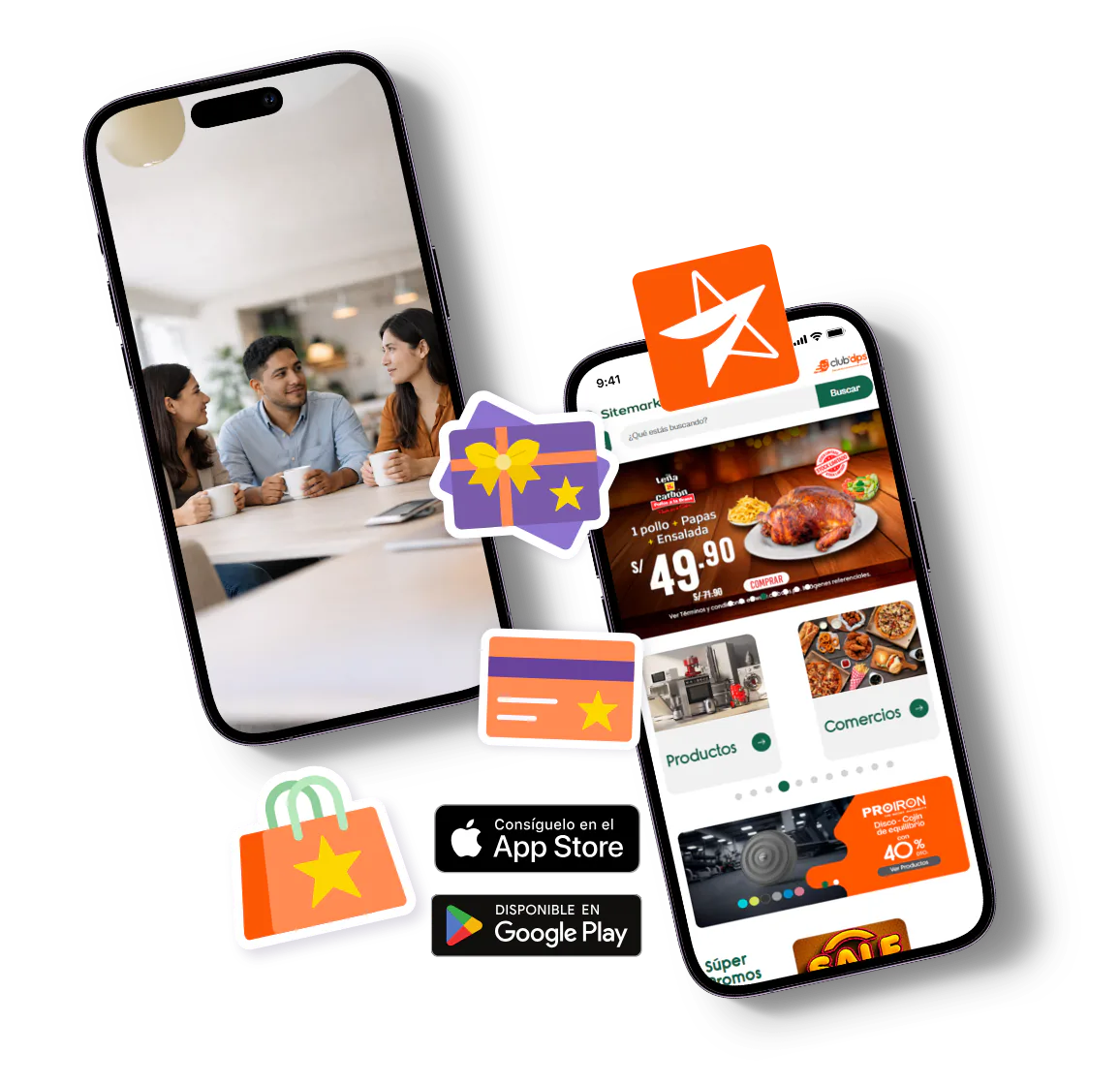 App móvil Club DPS mostrando beneficios, comercios y promociones disponibles en App Store y Google Play
