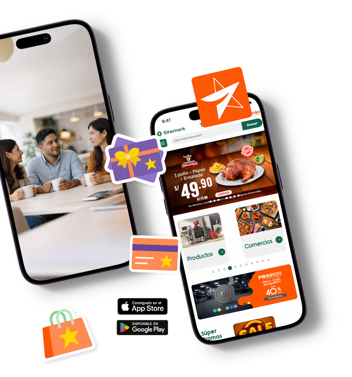App móvil Club DPS mostrando beneficios, comercios y promociones disponibles en App Store y Google Play
