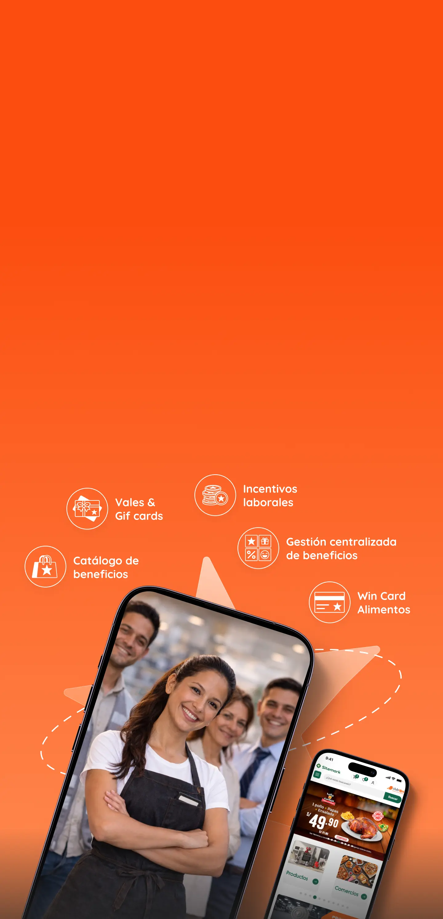 Equipo de trabajo usando la plataforma de beneficios laborales Club DPS en dispositivos móviles